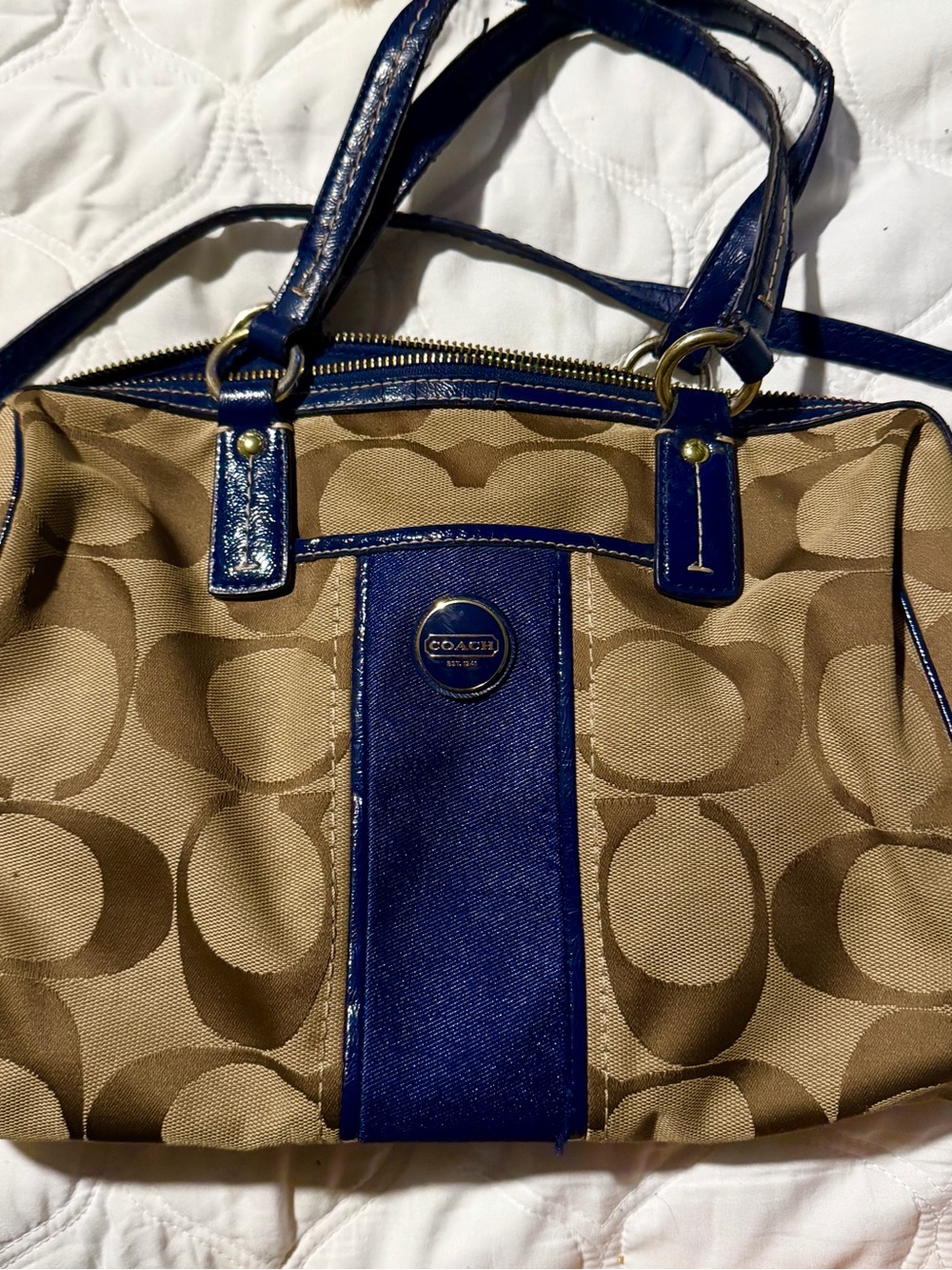 Coach Tan Signature Canvas Shoulder Bag with Blue Trim